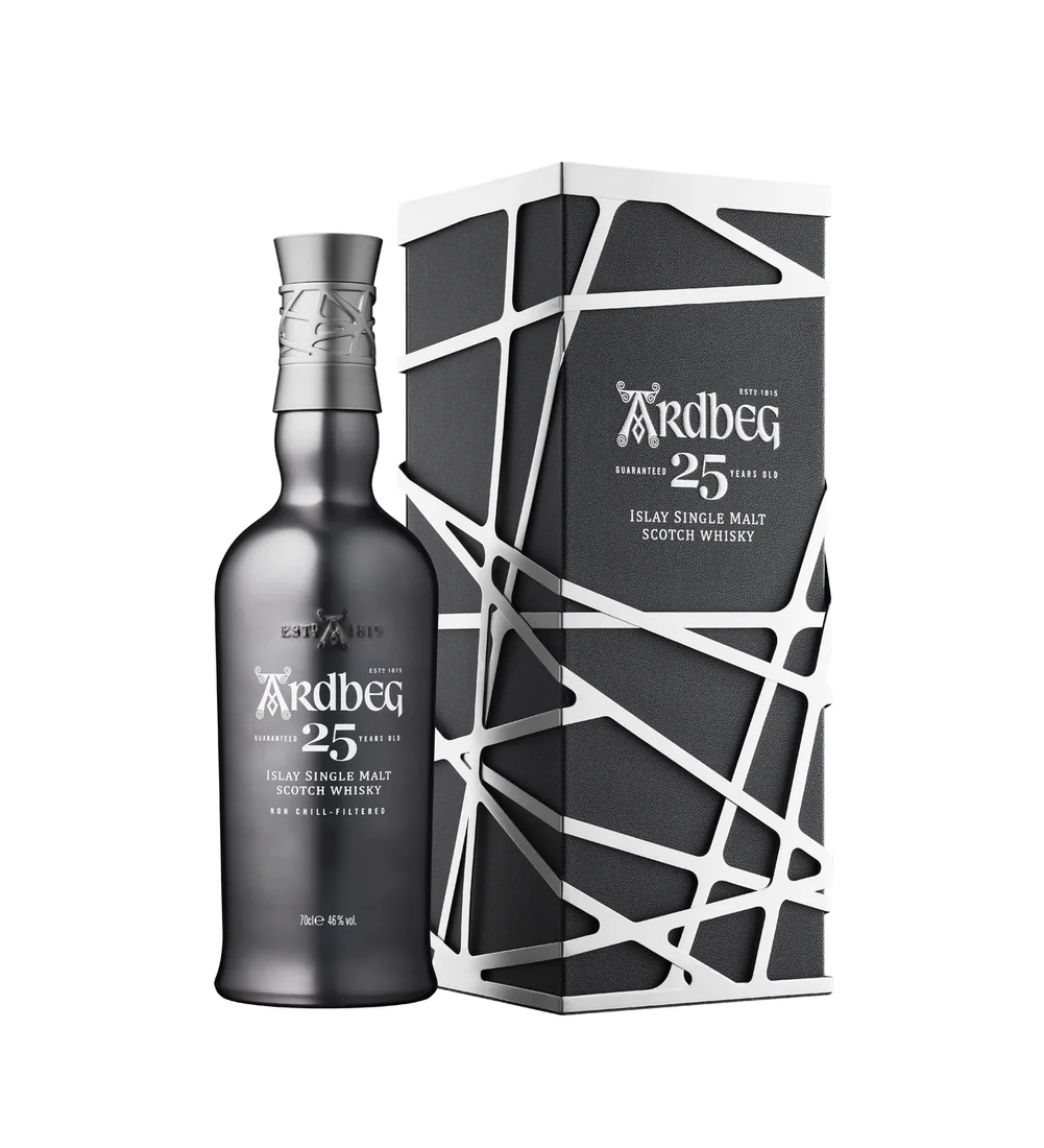 Ardbeg 25 Years Old bottle and black presentation case