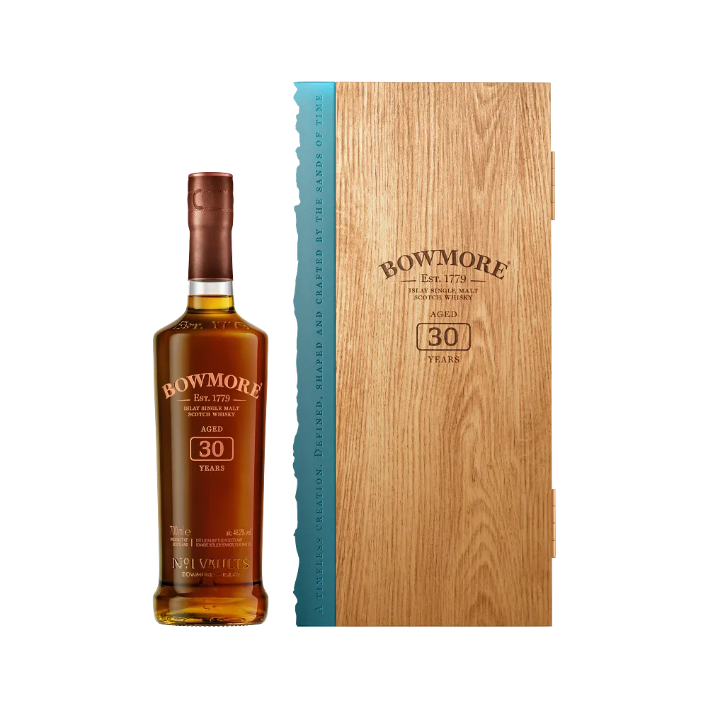 Bowmore 30 Year Old 2024 annual release bottle and wooden presentation case